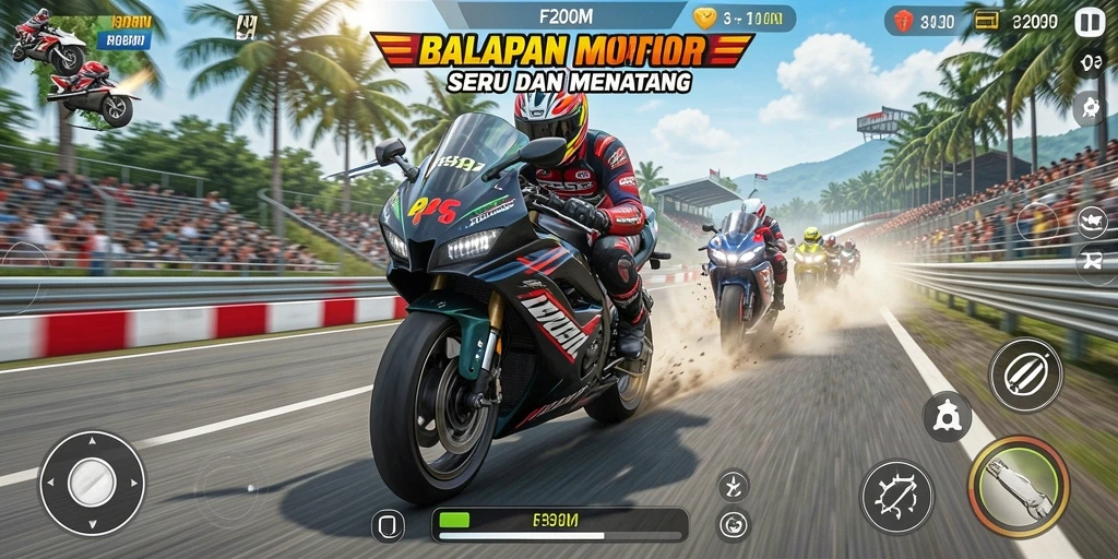 Screenshot F200M menampilkan aksi balapan motor yang mendebarkan.