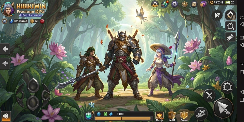 Tangkapan layar gameplay HIBIKIWIN yang menunjukkan pertarungan epik di dunia RPG.
