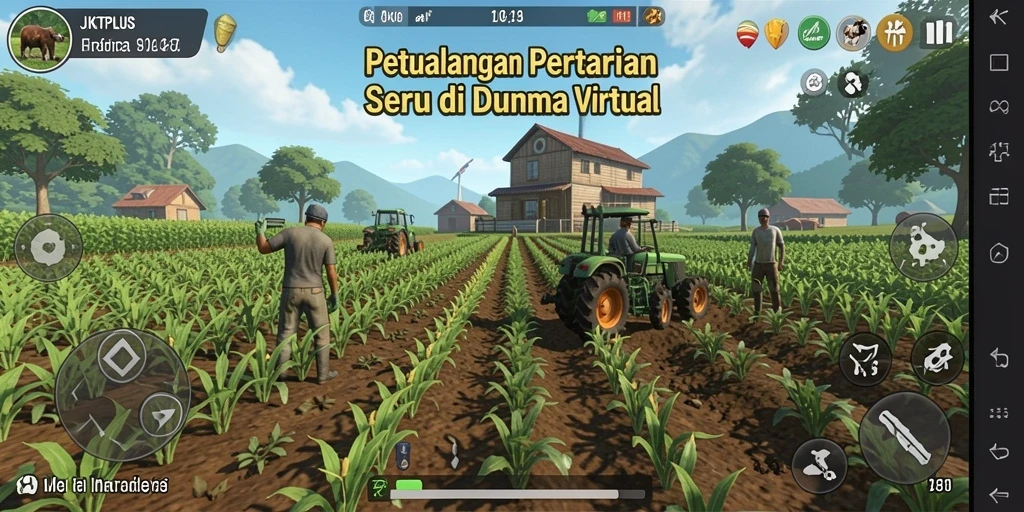 Screenshot gameplay JKTPLUS yang menampilkan aktivitas bertani dan merawat hewan.