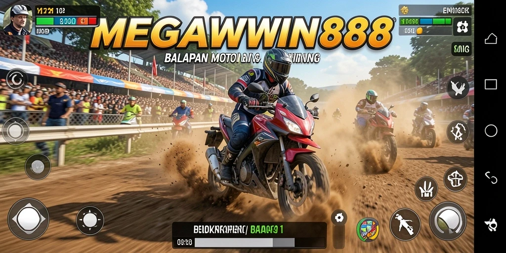 Screenshot utama MEGAWIN888 memperlihatkan gameplay seru balapan motor.