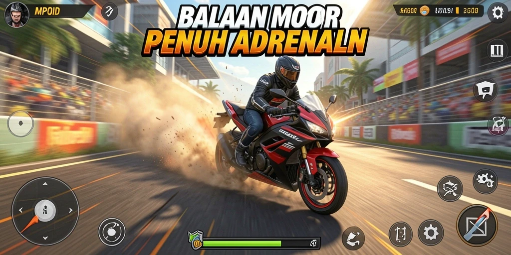 Tangkapan layar MPOID menunjukkan aksi balapan motor yang seru.