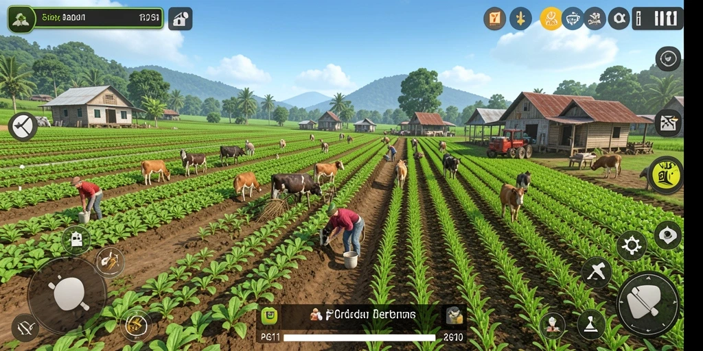 Tampilan gameplay PG11 dengan kebun yang rimbun dan hewan ternak.