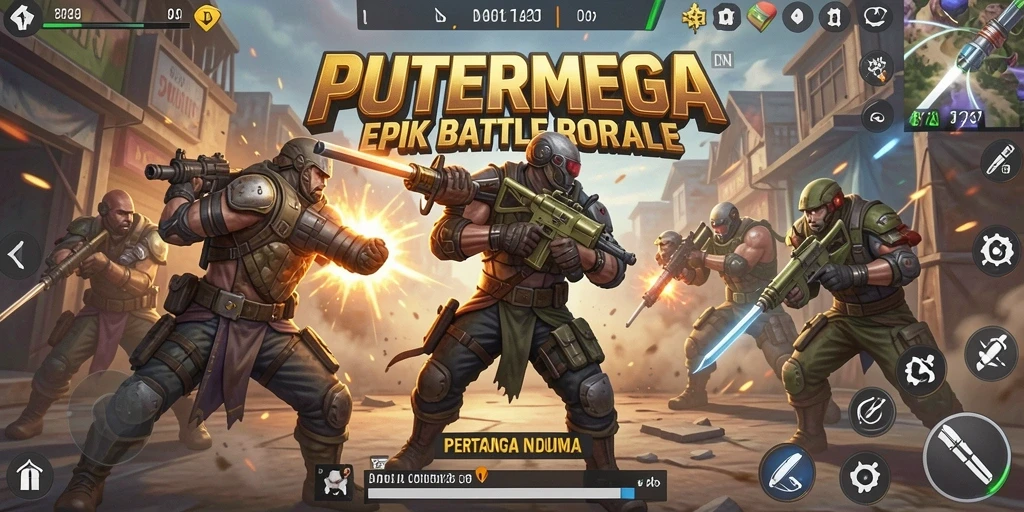 Tampilan aksi seru dalam game Battle Royale PUTERMEGA saat pertarungan berlangsung.